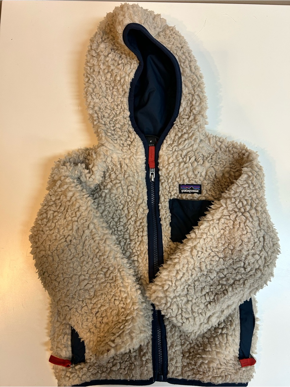 Patagonia Beige Sherpa Hooded Jacket with Navy Accents